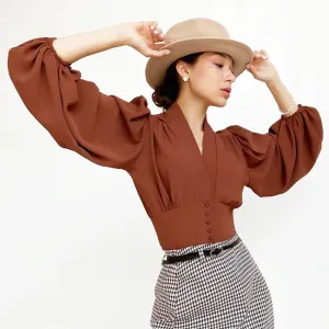 Puff Long Sleeve White Button Chiffon Blouse Crop Top