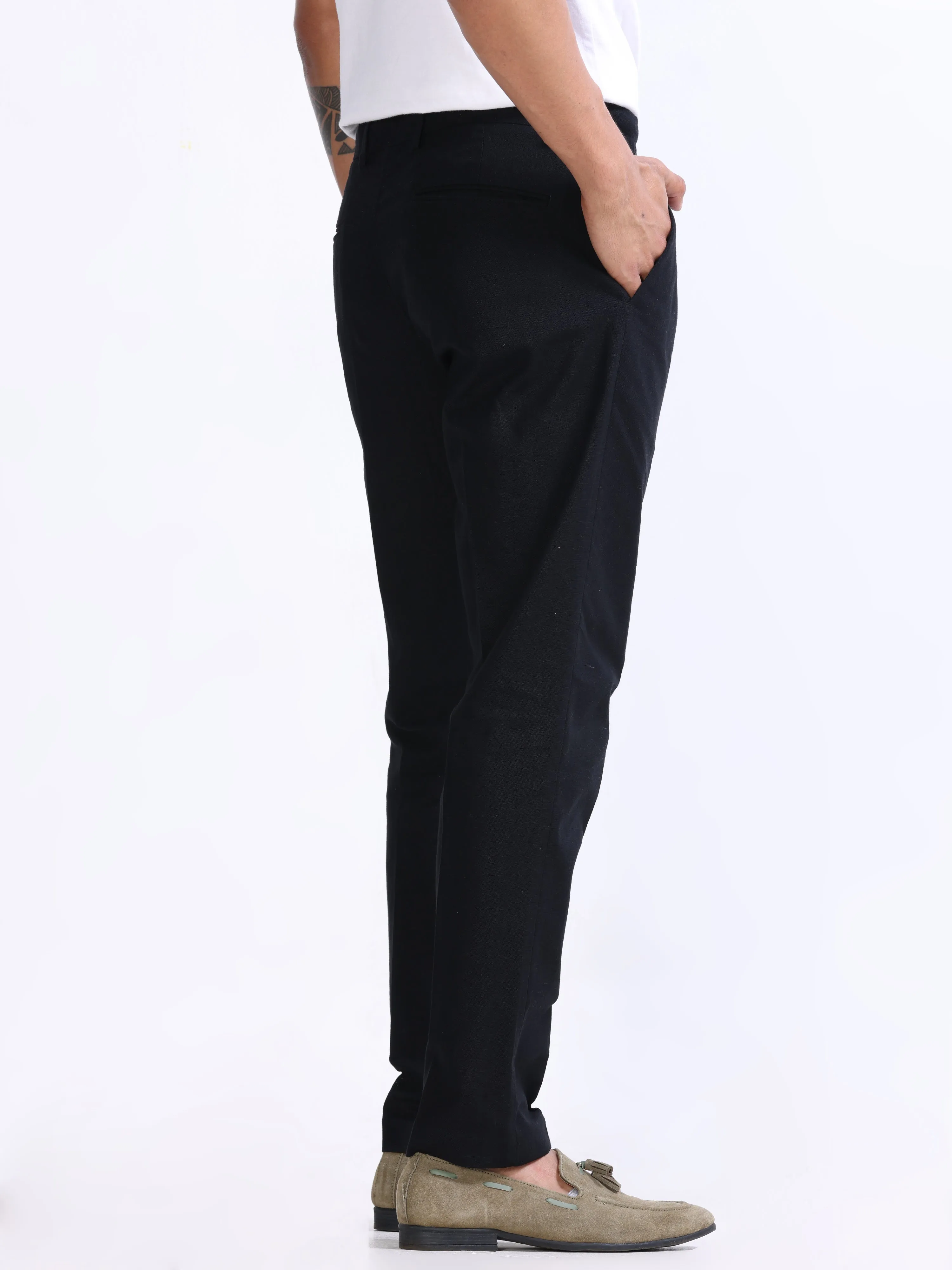 RAW SLUB PLEATED TROUSER IN BLACK
