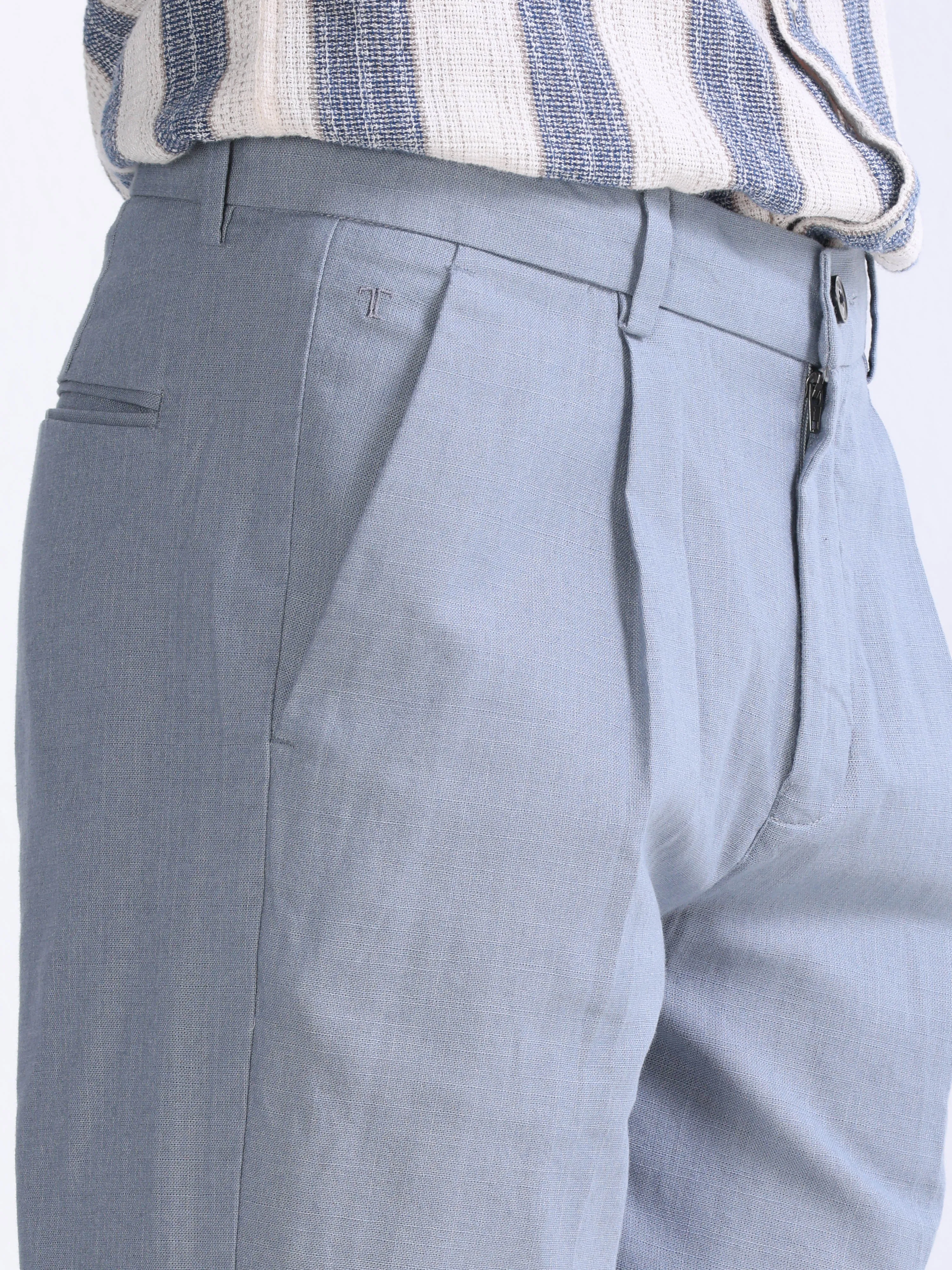 RAW SLUB PLEATED TROUSER IN BLUE