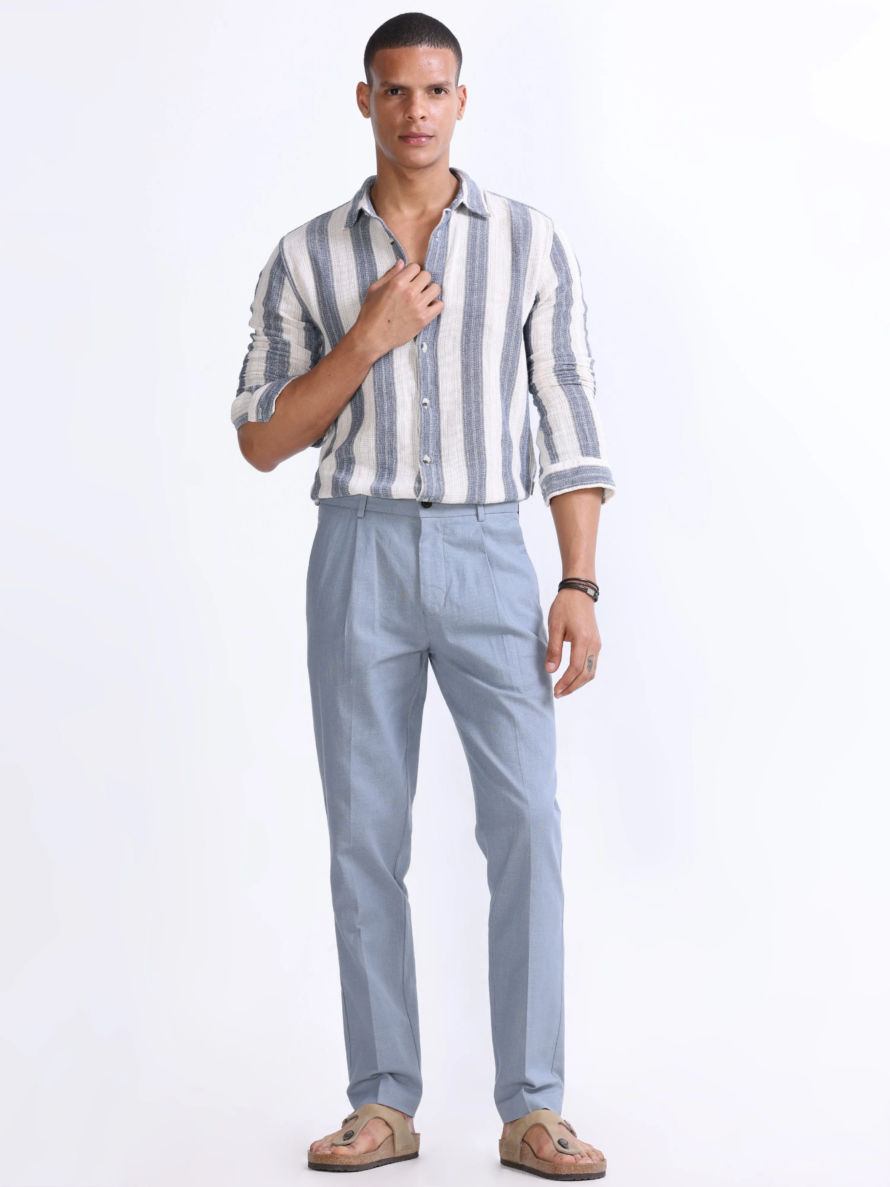 RAW SLUB PLEATED TROUSER IN BLUE