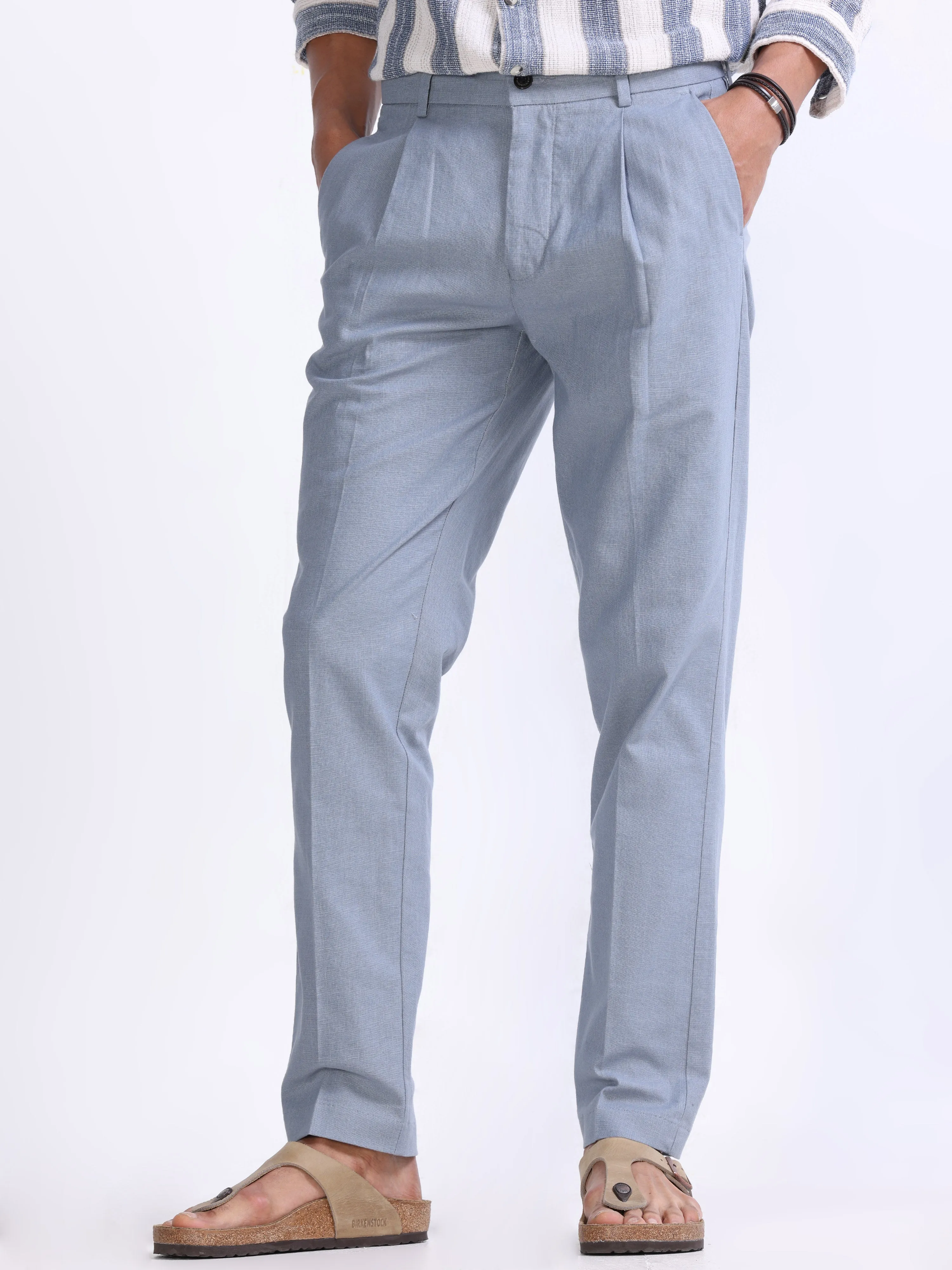 RAW SLUB PLEATED TROUSER IN BLUE