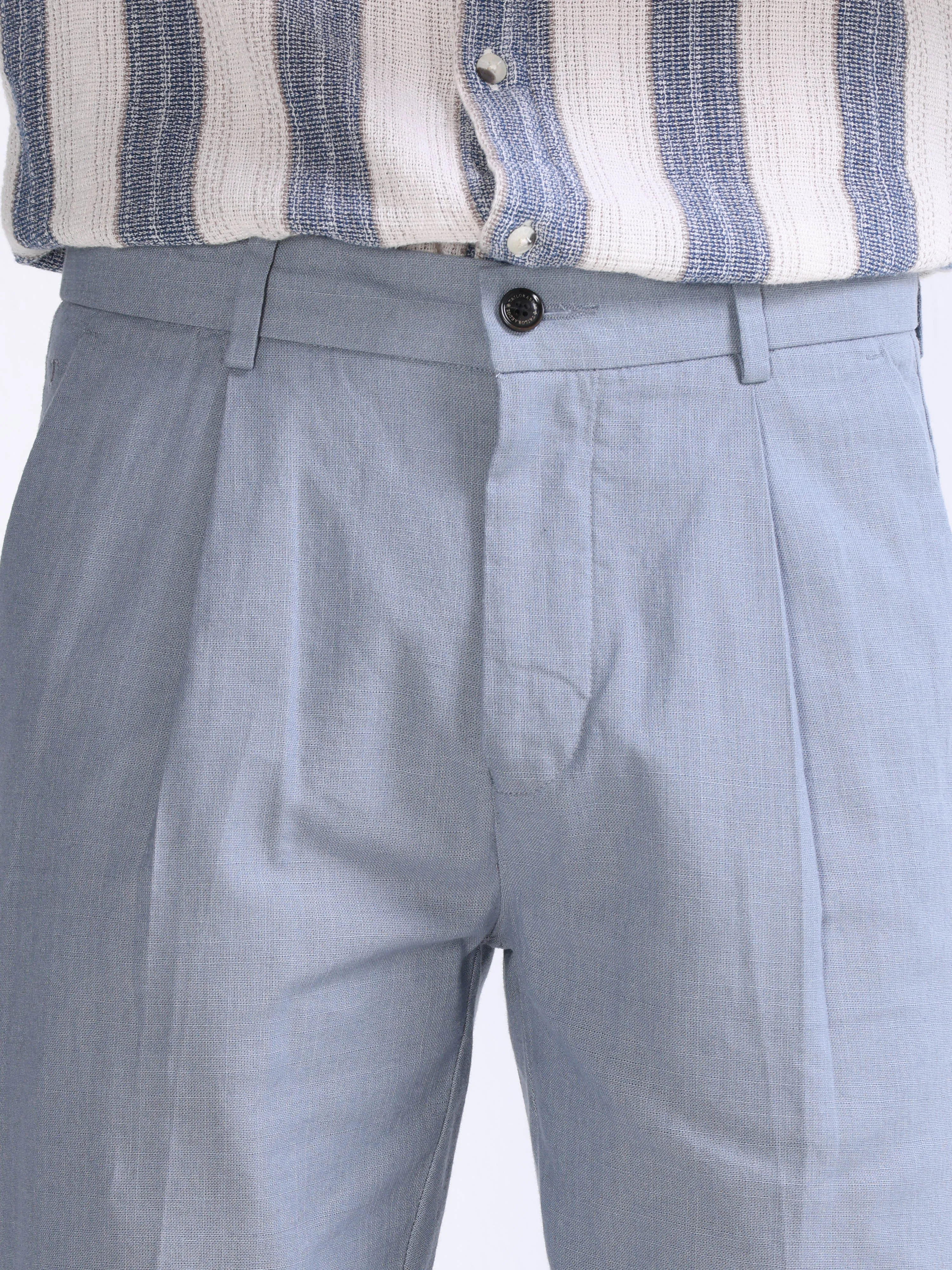 RAW SLUB PLEATED TROUSER IN BLUE