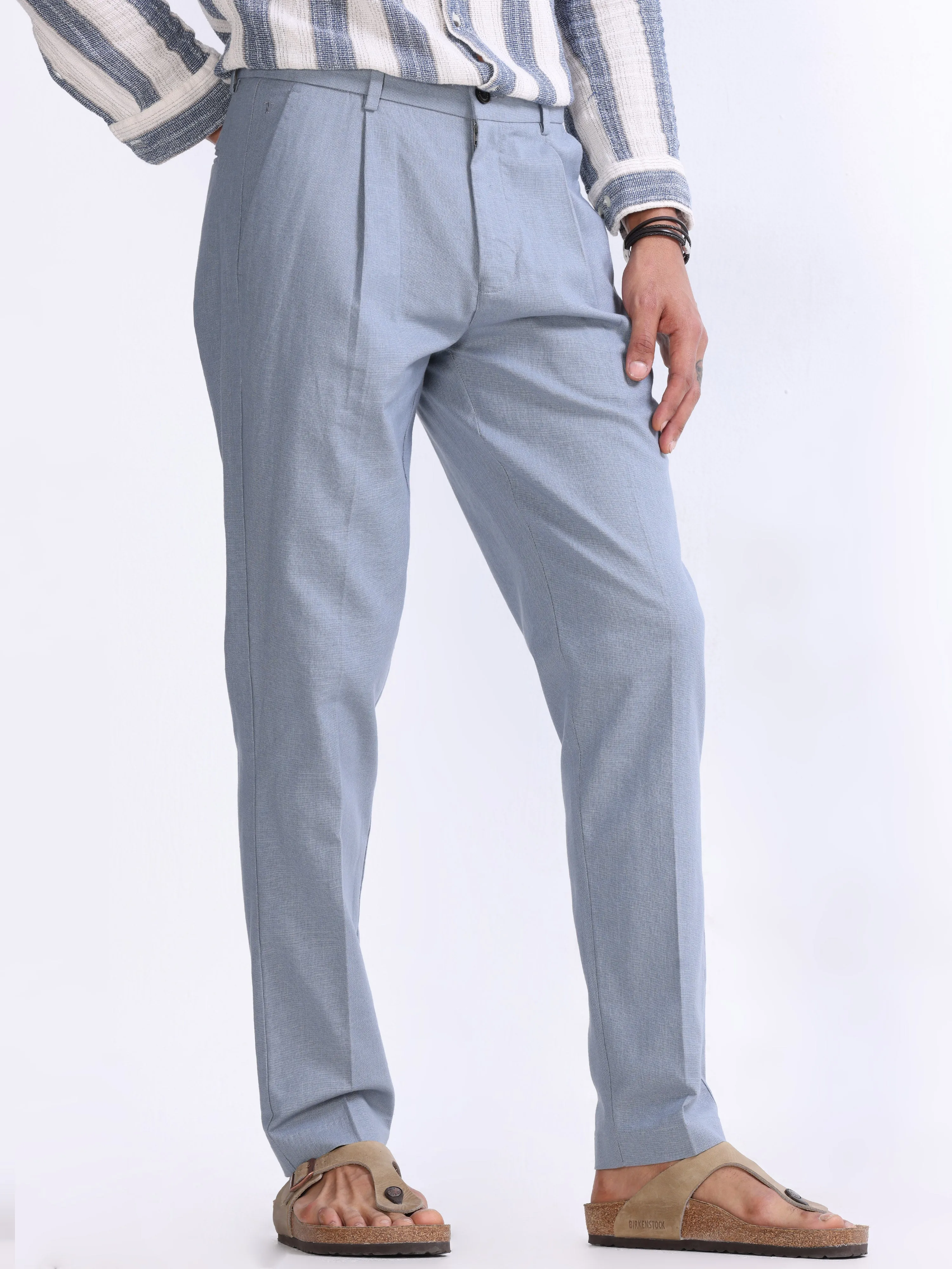 RAW SLUB PLEATED TROUSER IN BLUE