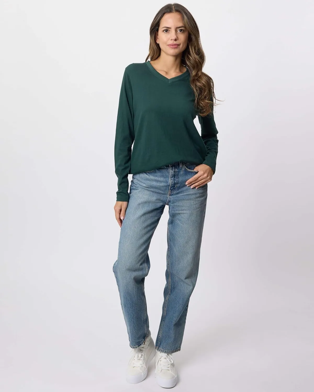 Real Essentials 4 Pack: Women's V-Neck Cotton Long-Sleeve T-Shirt (Available in Plus Size)