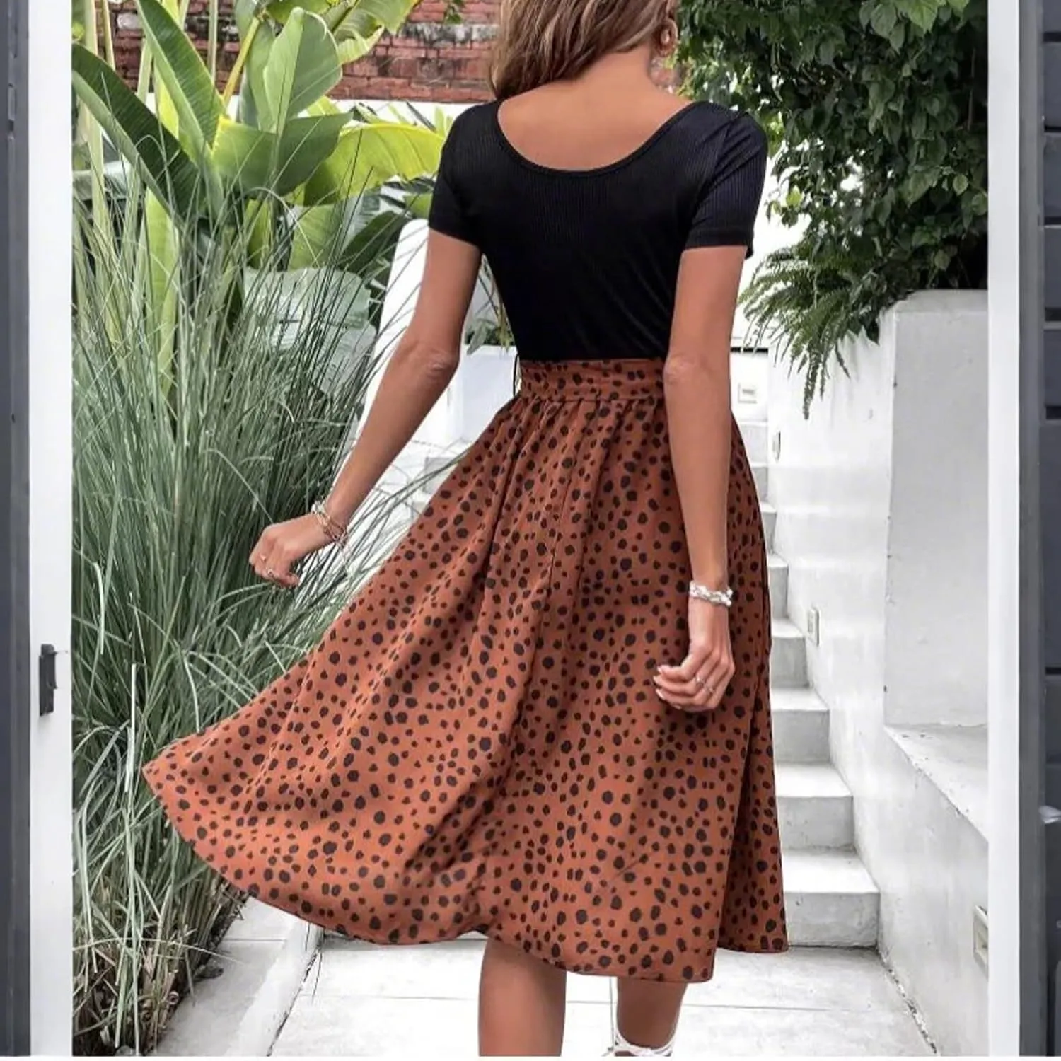 Short Sleeve Summer Dresses for Women Bow Tie Waist Scoop Neck Flowy Midi Dress Patchwork Wave Point Print Boho Dress