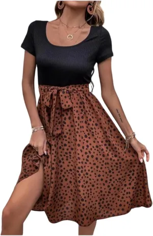Short Sleeve Summer Dresses for Women Bow Tie Waist Scoop Neck Flowy Midi Dress Patchwork Wave Point Print Boho Dress