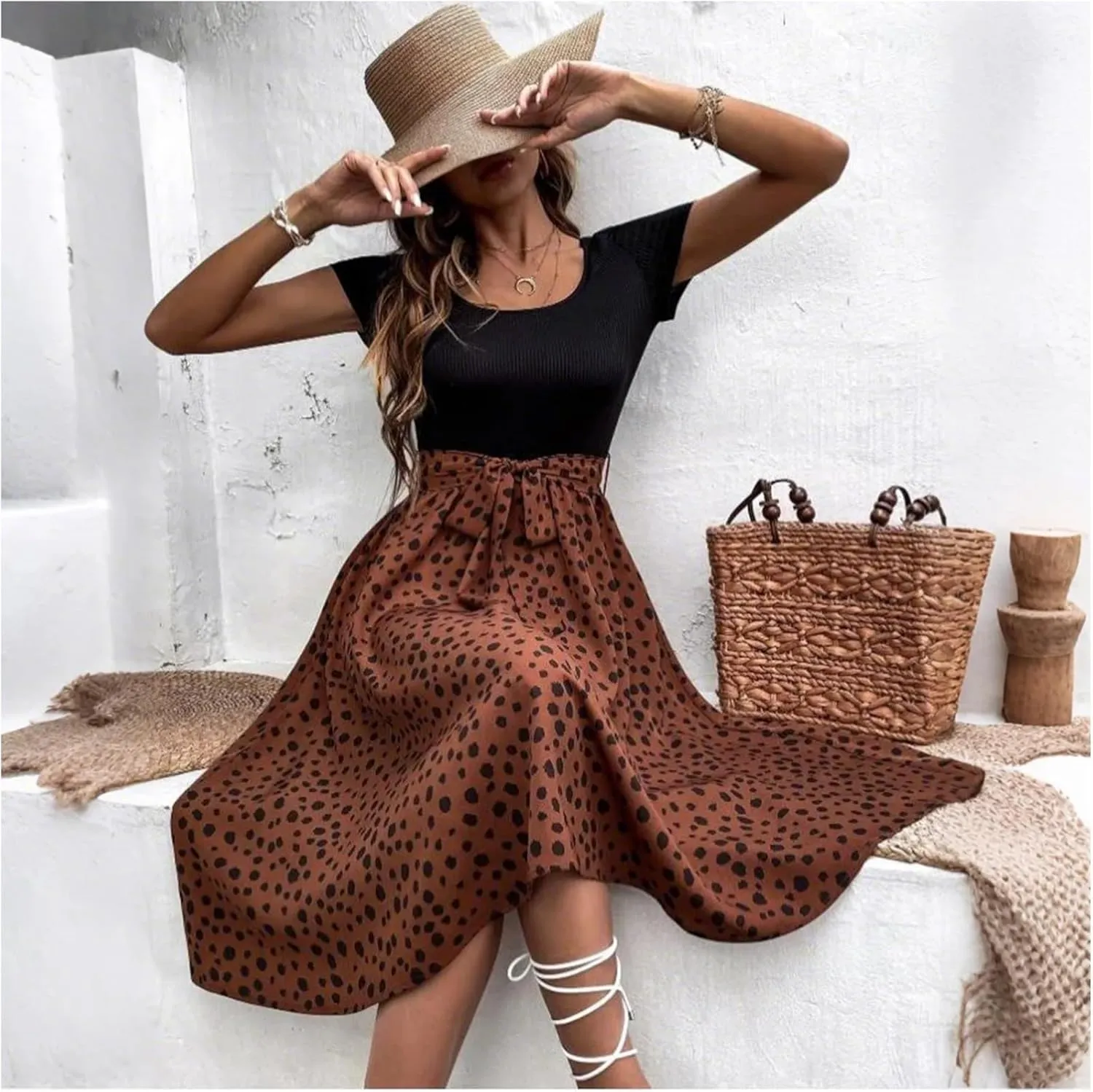 Short Sleeve Summer Dresses for Women Bow Tie Waist Scoop Neck Flowy Midi Dress Patchwork Wave Point Print Boho Dress