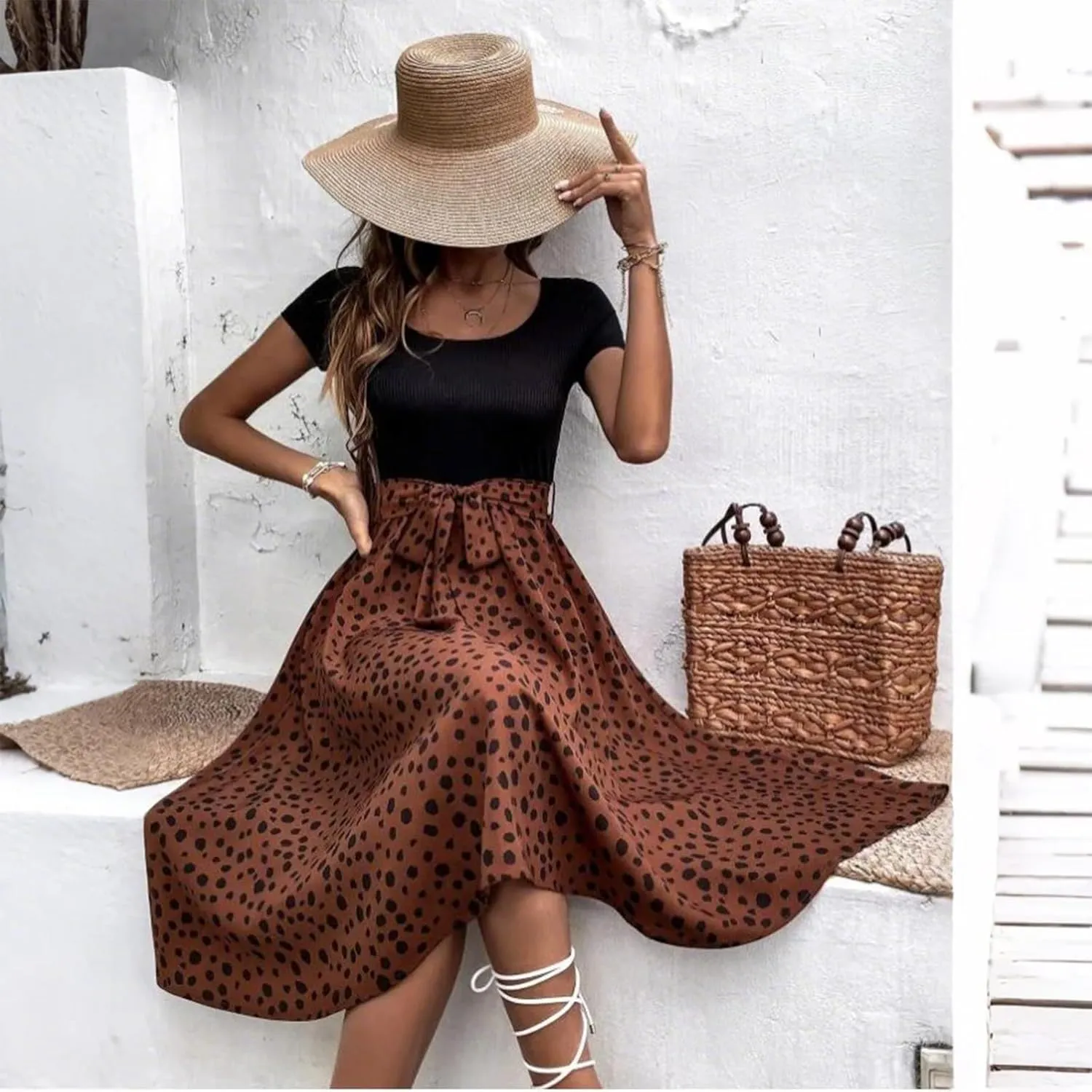 Short Sleeve Summer Dresses for Women Bow Tie Waist Scoop Neck Flowy Midi Dress Patchwork Wave Point Print Boho Dress