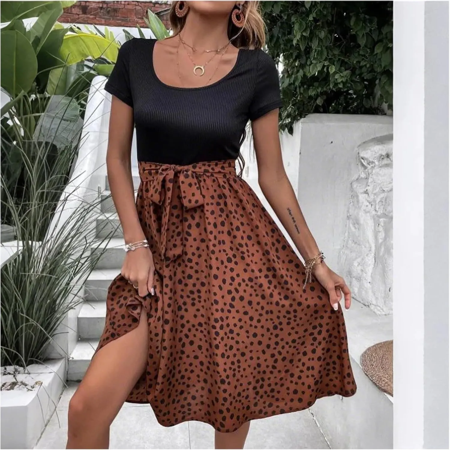 Short Sleeve Summer Dresses for Women Bow Tie Waist Scoop Neck Flowy Midi Dress Patchwork Wave Point Print Boho Dress