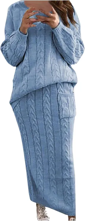 Skirt Sets Women 2 Piece Outfits Winter Chunky Cable Knit Long Sleeve Pullover Sweater and Bodycon Maxi Skirts Set