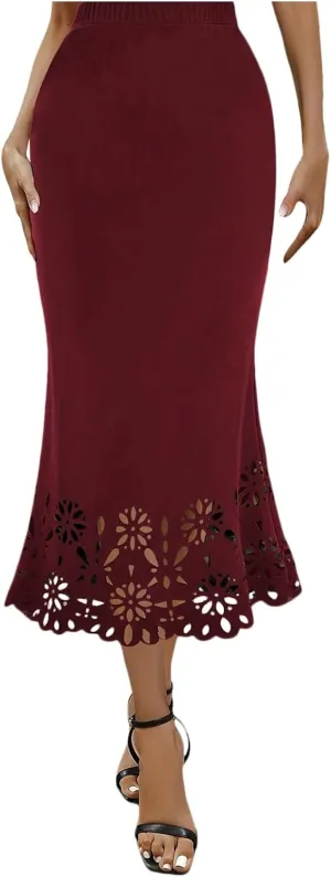 Skirts for Women Midi Length Elastic High Waist Hollow Lace Flower Fishtail Pencil Bodycon Going Out Long Skirt