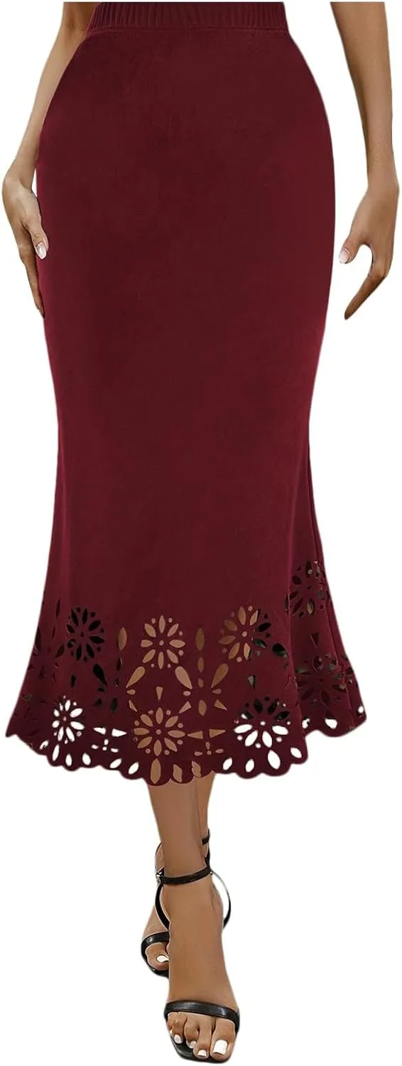 Skirts for Women Midi Length Elastic High Waist Hollow Lace Flower Fishtail Pencil Bodycon Going Out Long Skirt