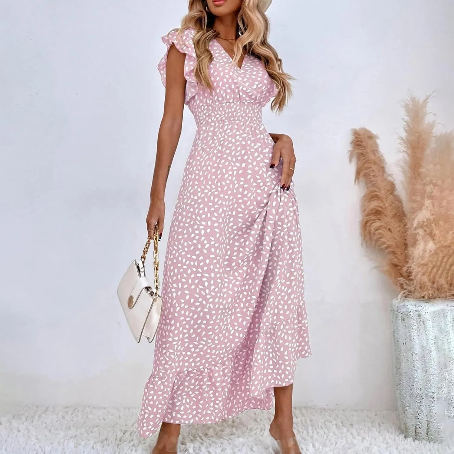 Summer Maxi Dresses for Women 2025 Floral Chiffon Dresses Ruffle Cap Sleeve V Neck Empire Waist Beach Vacation Dress