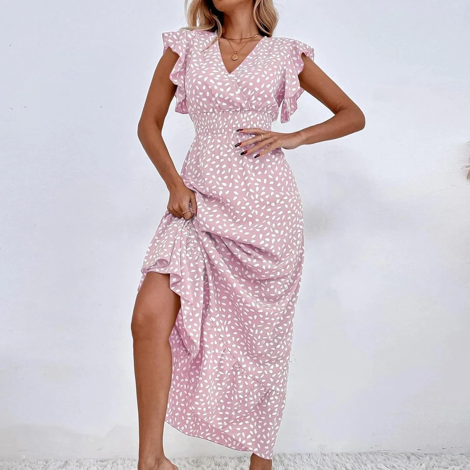 Summer Maxi Dresses for Women 2025 Floral Chiffon Dresses Ruffle Cap Sleeve V Neck Empire Waist Beach Vacation Dress