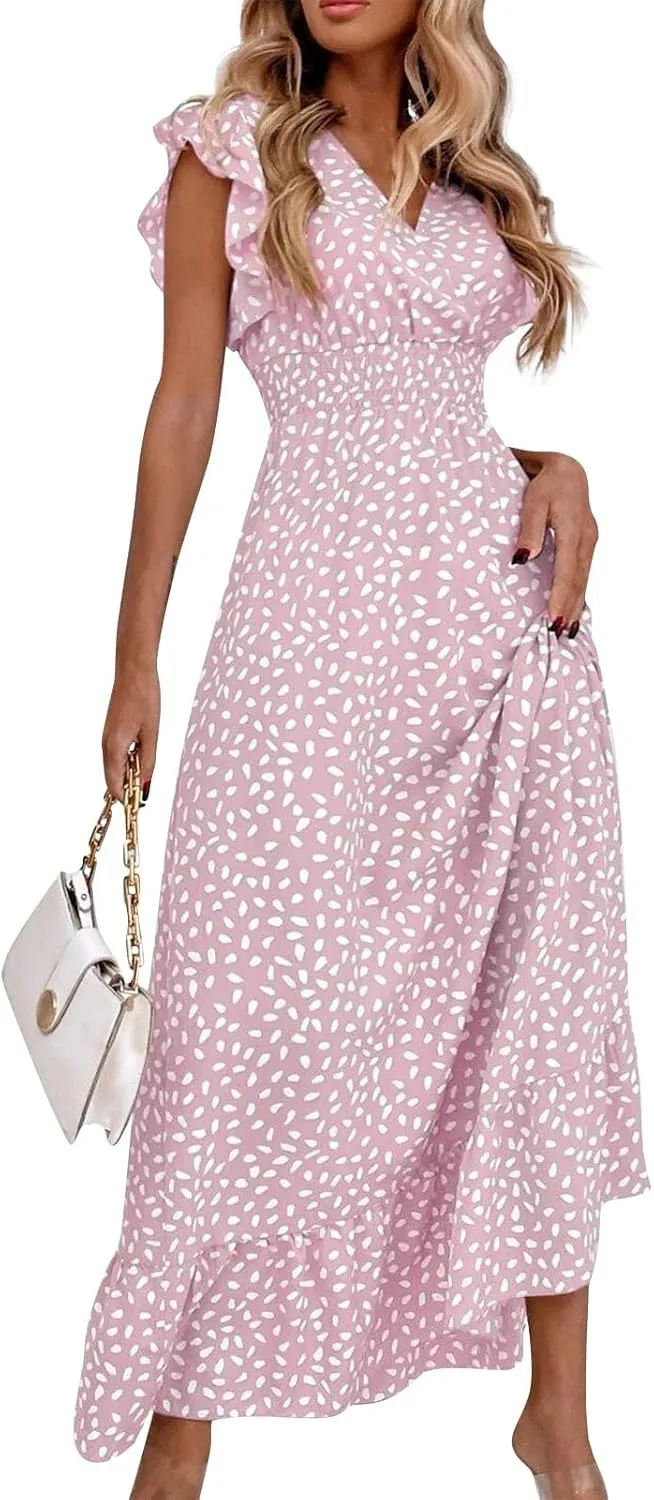 Summer Maxi Dresses for Women 2025 Floral Chiffon Dresses Ruffle Cap Sleeve V Neck Empire Waist Beach Vacation Dress
