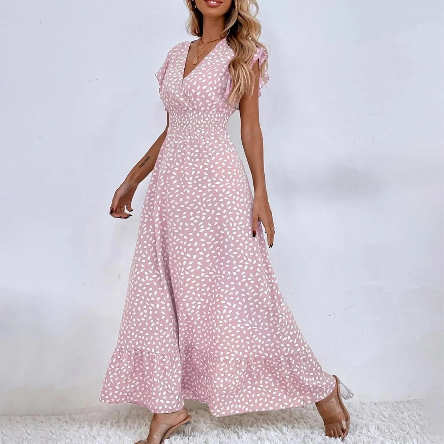 Summer Maxi Dresses for Women 2025 Floral Chiffon Dresses Ruffle Cap Sleeve V Neck Empire Waist Beach Vacation Dress