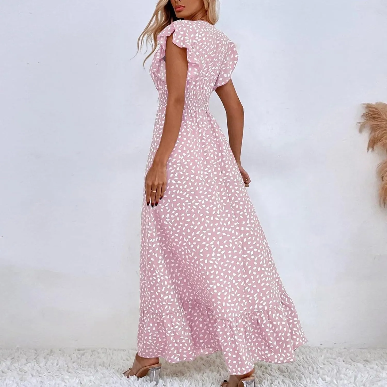 Summer Maxi Dresses for Women 2025 Floral Chiffon Dresses Ruffle Cap Sleeve V Neck Empire Waist Beach Vacation Dress