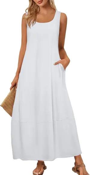 Sun Dresses for Women 2025 Vacation Sleeveless Summer Maxi Dress Floral Print U Neck Beach Dress with Side Pockets