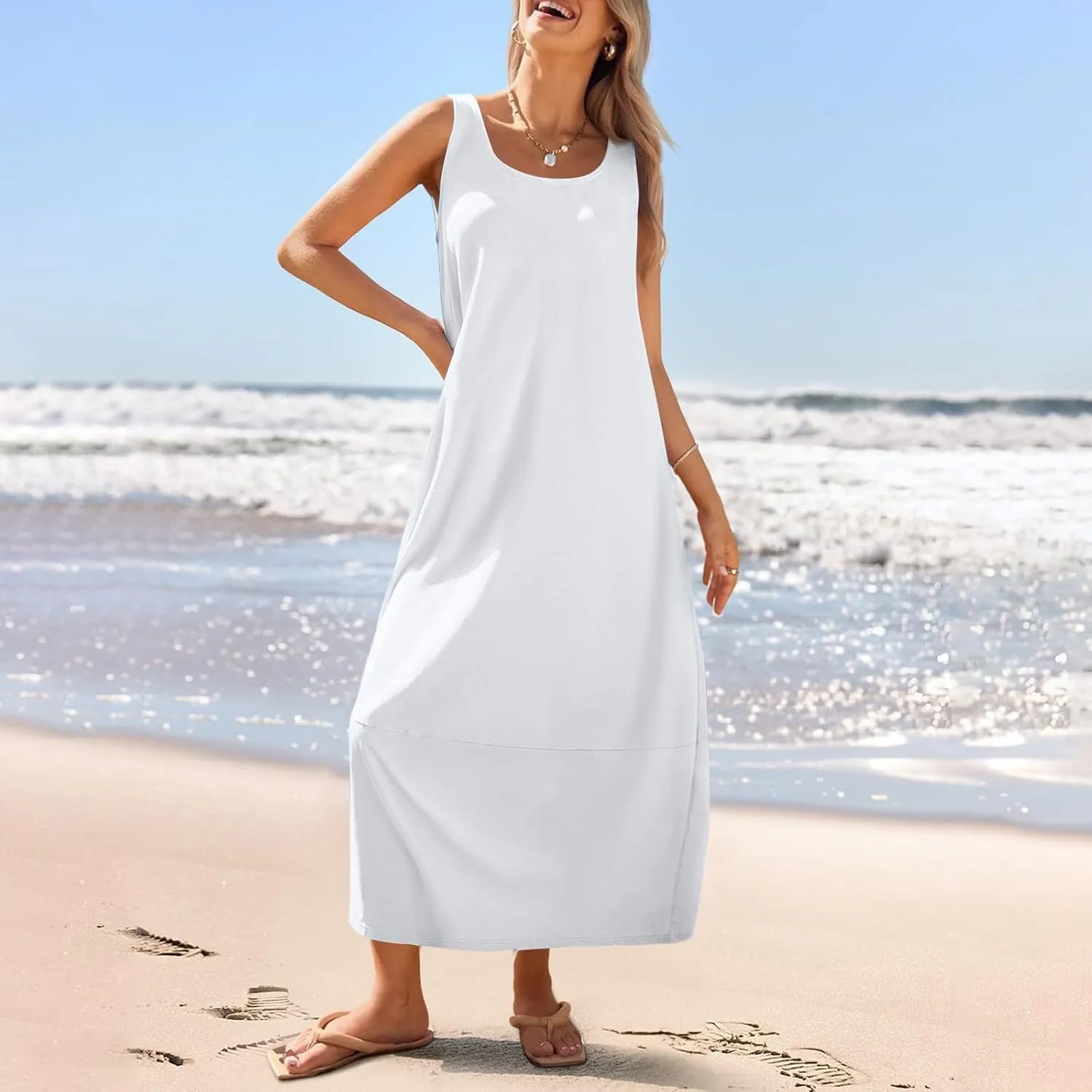 Sun Dresses for Women 2025 Vacation Sleeveless Summer Maxi Dress Floral Print U Neck Beach Dress with Side Pockets