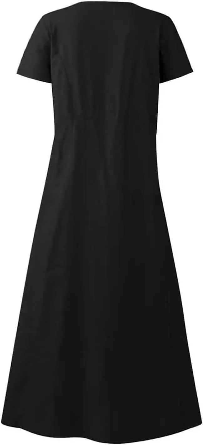 Sundress with Pockets Casual Spring Summer Dresses for Women 2025 Cotton Linen Short Sleeve Midi Dress Flowy Dresses