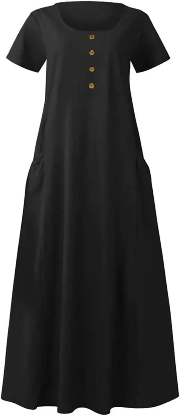 Sundress with Pockets Casual Spring Summer Dresses for Women 2025 Cotton Linen Short Sleeve Midi Dress Flowy Dresses
