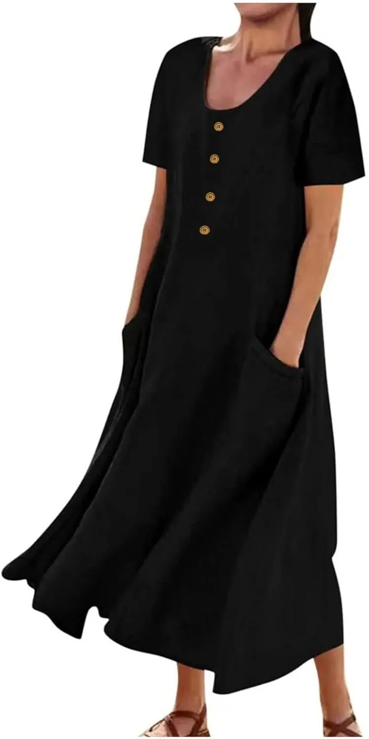 Sundress with Pockets Casual Spring Summer Dresses for Women 2025 Cotton Linen Short Sleeve Midi Dress Flowy Dresses