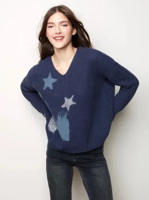 V-Neck Drop Shoulder Sweater [Denim-C2460]