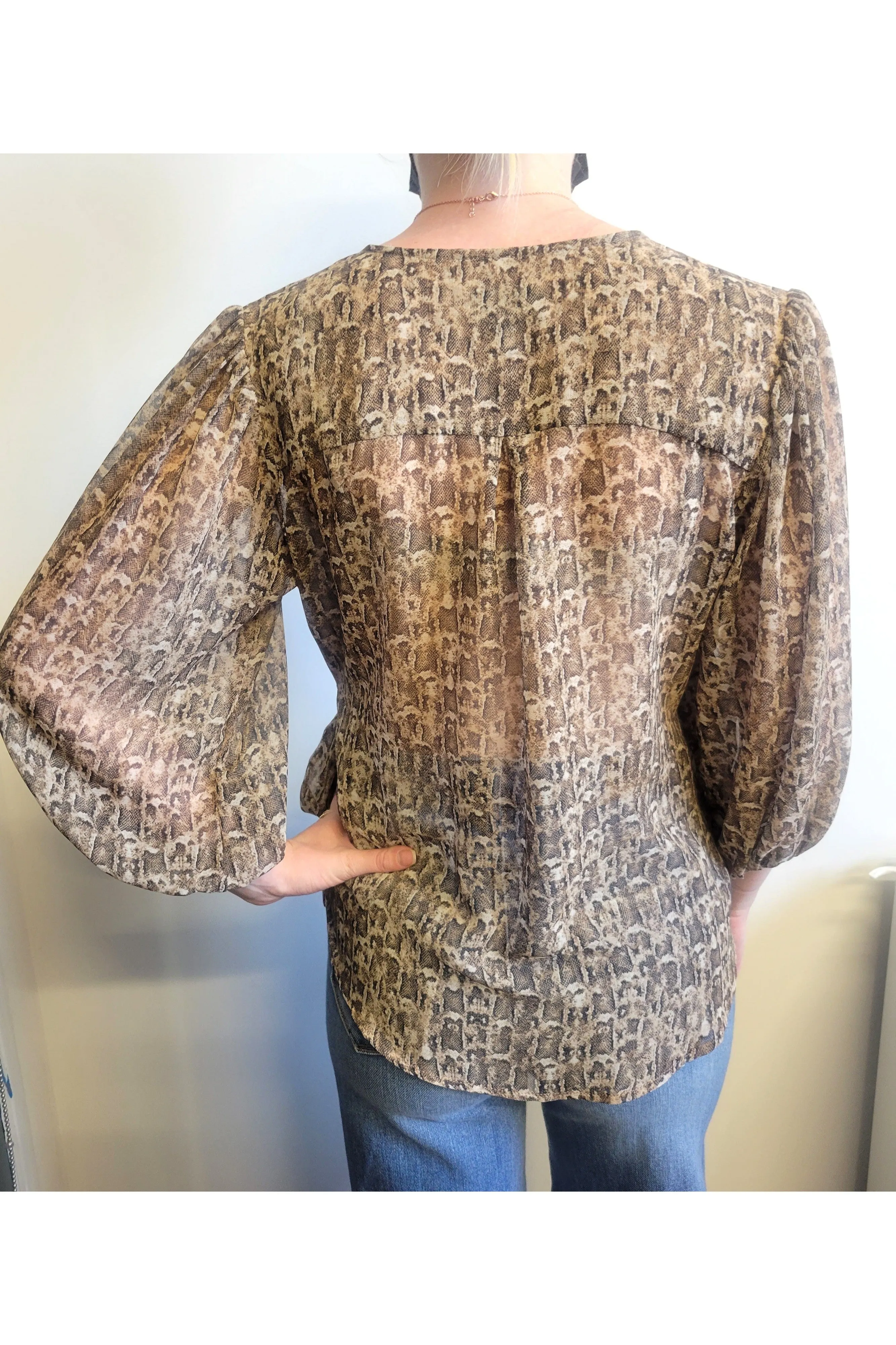 Veronica M Danica Snakeskin Puff Sleeve Chiffon Wrap Blouse