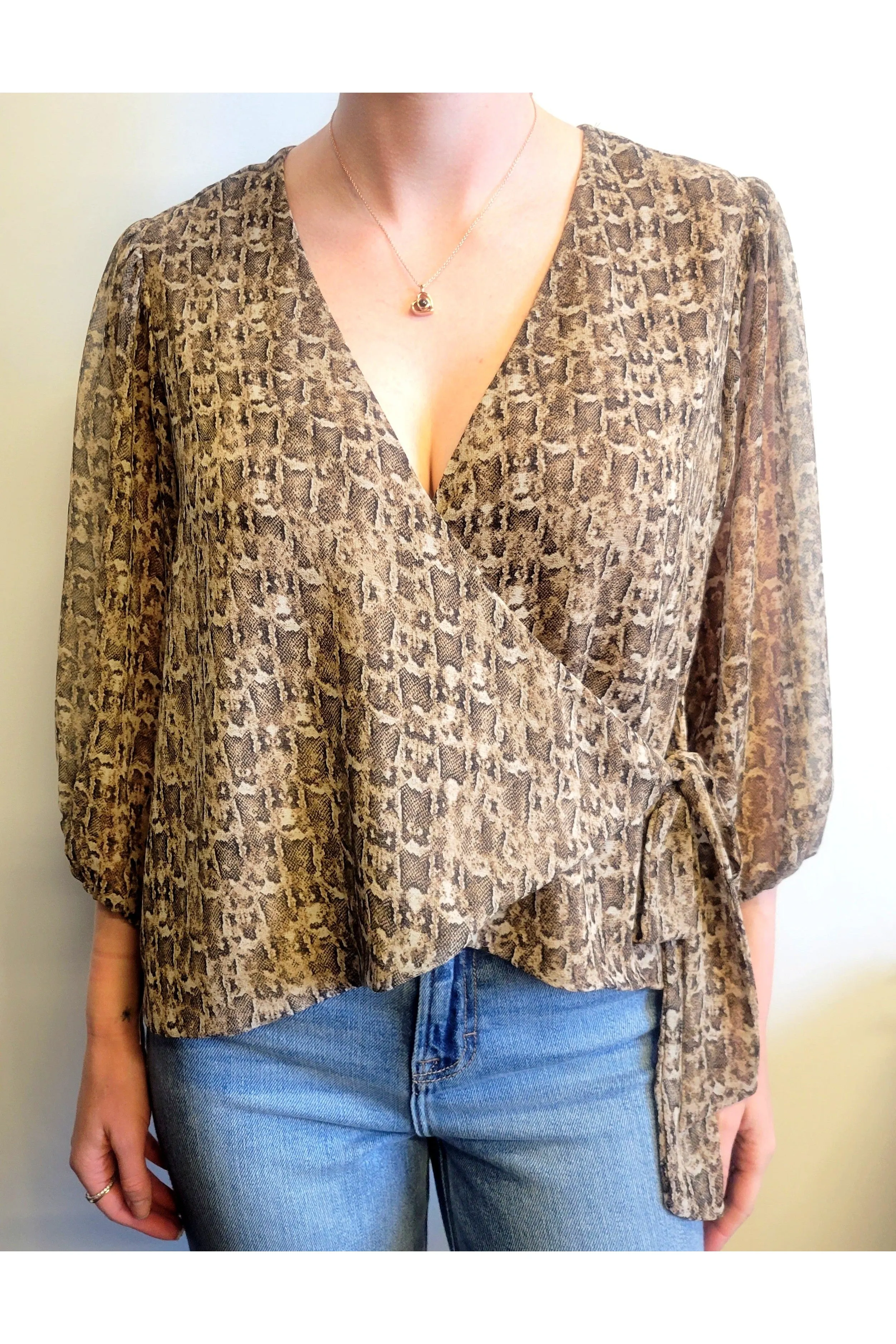 Veronica M Danica Snakeskin Puff Sleeve Chiffon Wrap Blouse