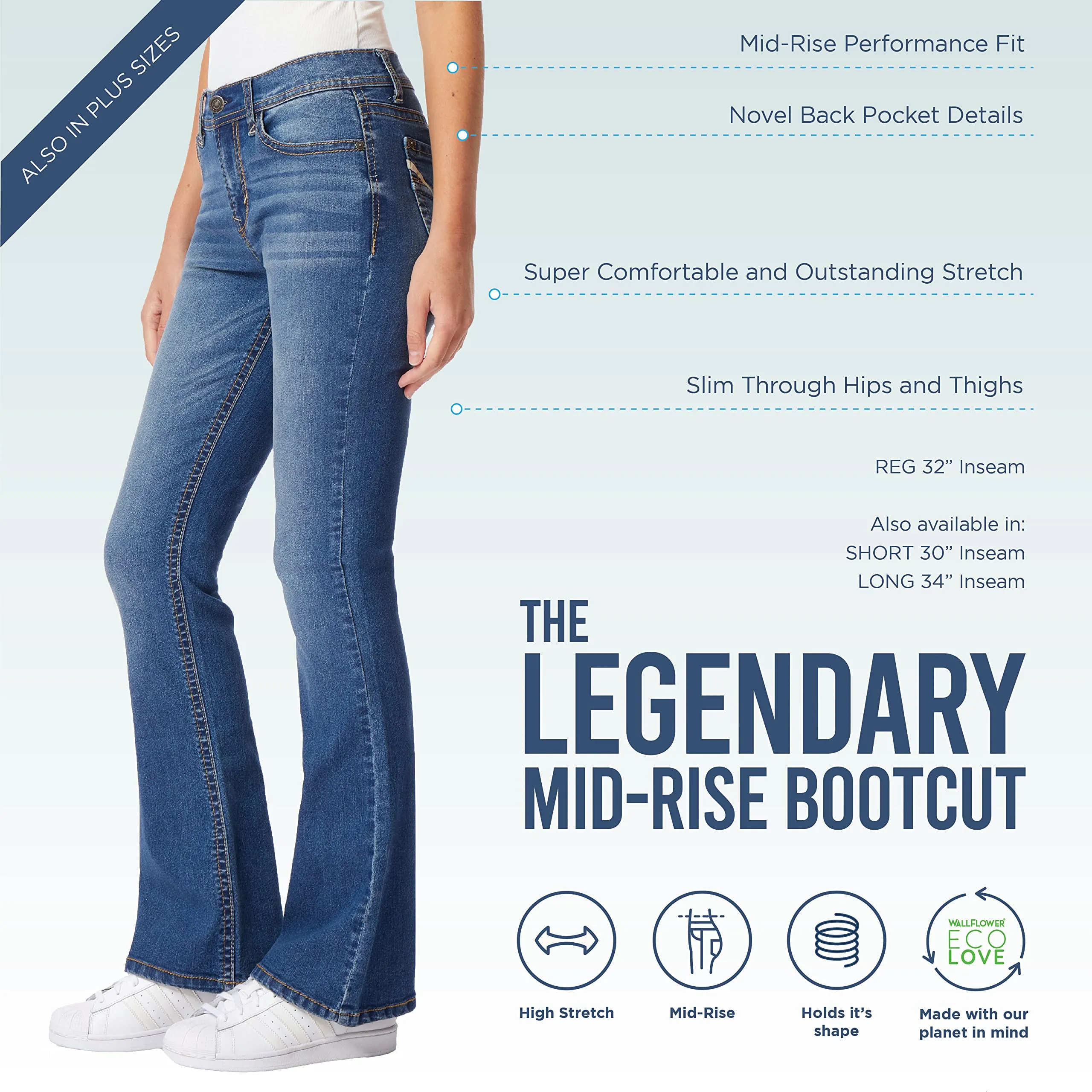 WallFlower Women's Size Legendary Bootcut Mid-Rise Insta Stretch Juniors Jeans (Standard, Keller, 22 Plus Long