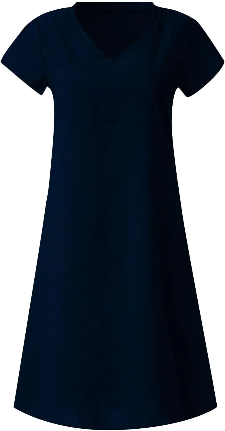 Women Dresses Summer Plus Size Short Sleeve V Neck Mini Dress Casual Loose Comfy Cotton Linen Knee Length Dress