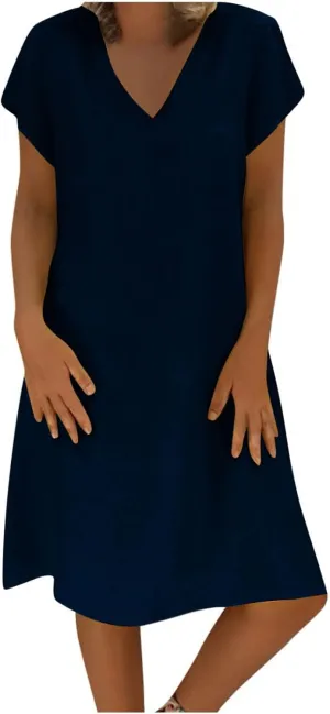 Women Dresses Summer Plus Size Short Sleeve V Neck Mini Dress Casual Loose Comfy Cotton Linen Knee Length Dress