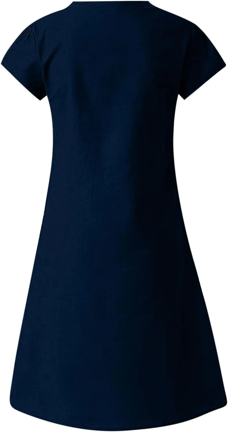 Women Dresses Summer Plus Size Short Sleeve V Neck Mini Dress Casual Loose Comfy Cotton Linen Knee Length Dress