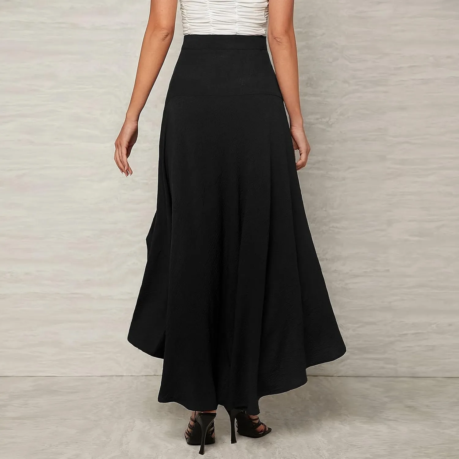 Women Ruffle Swing Skirt 2025 Fashion Mesh High Waist Flowy Irregular Hem Skirts Solid Color High Waisted Midi Skirt