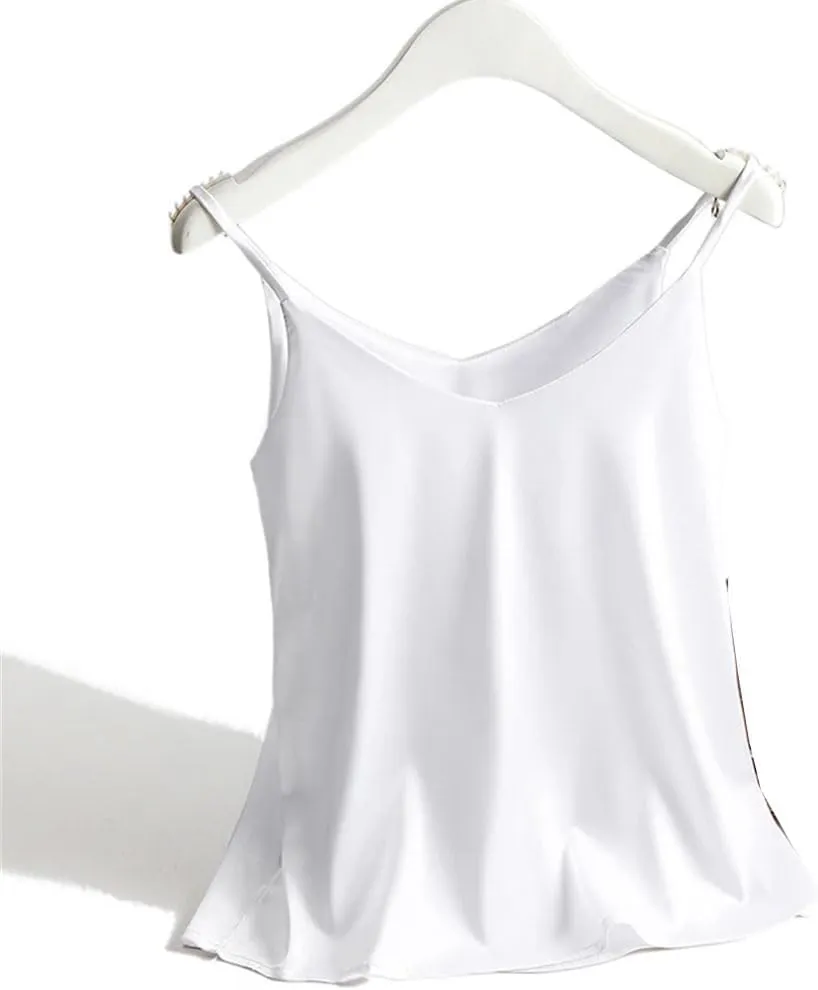 Women Solor Color Spaghetti Strap Camisole Tops V Neck Basic Sleeveless Satin Tank Tops Female Cami