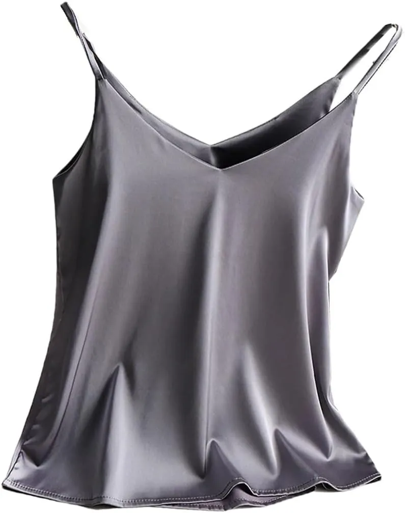 Women Solor Color Spaghetti Strap Camisole Tops V Neck Basic Sleeveless Satin Tank Tops Female Cami