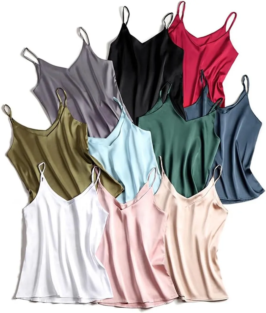 Women Solor Color Spaghetti Strap Camisole Tops V Neck Basic Sleeveless Satin Tank Tops Female Cami