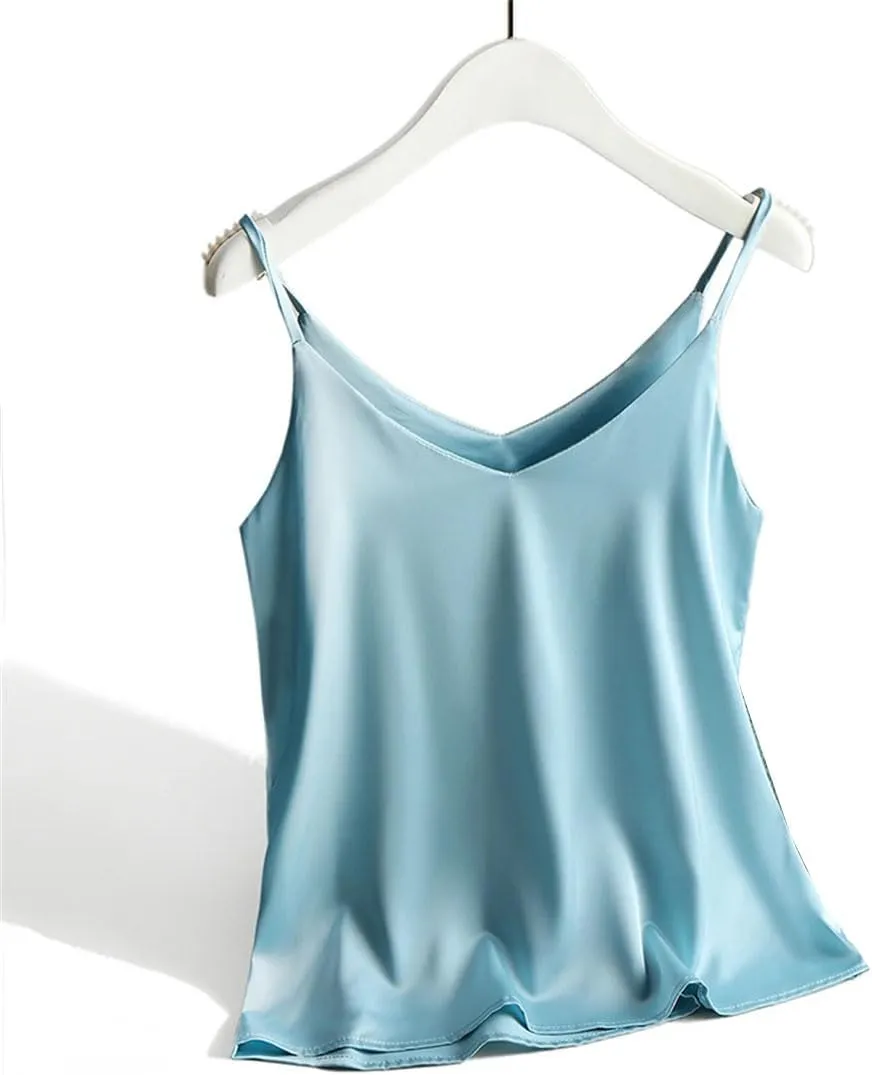 Women Solor Color Spaghetti Strap Camisole Tops V Neck Basic Sleeveless Satin Tank Tops Female Cami
