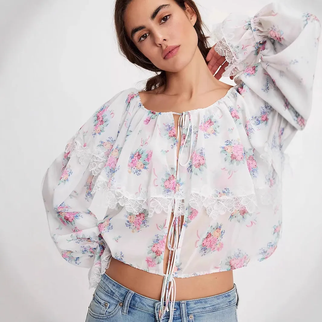 Womens Chiffon Blouse  Floral Print  Lace Trim  Tie Front  Loose Fit Long Sleeve