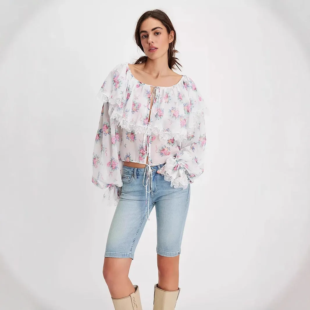 Womens Chiffon Blouse  Floral Print  Lace Trim  Tie Front  Loose Fit Long Sleeve