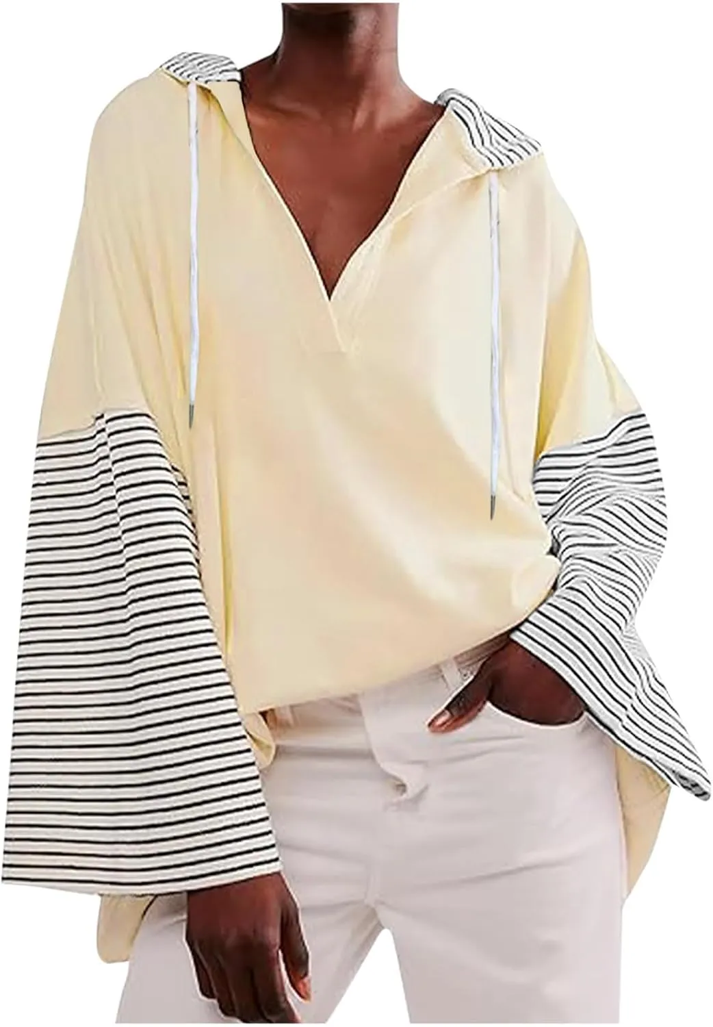 Womens Oversized Sweatshirt Striped Color Block Hoodies Drawstring Casual V Neck Long Sleeve Pullover Tops