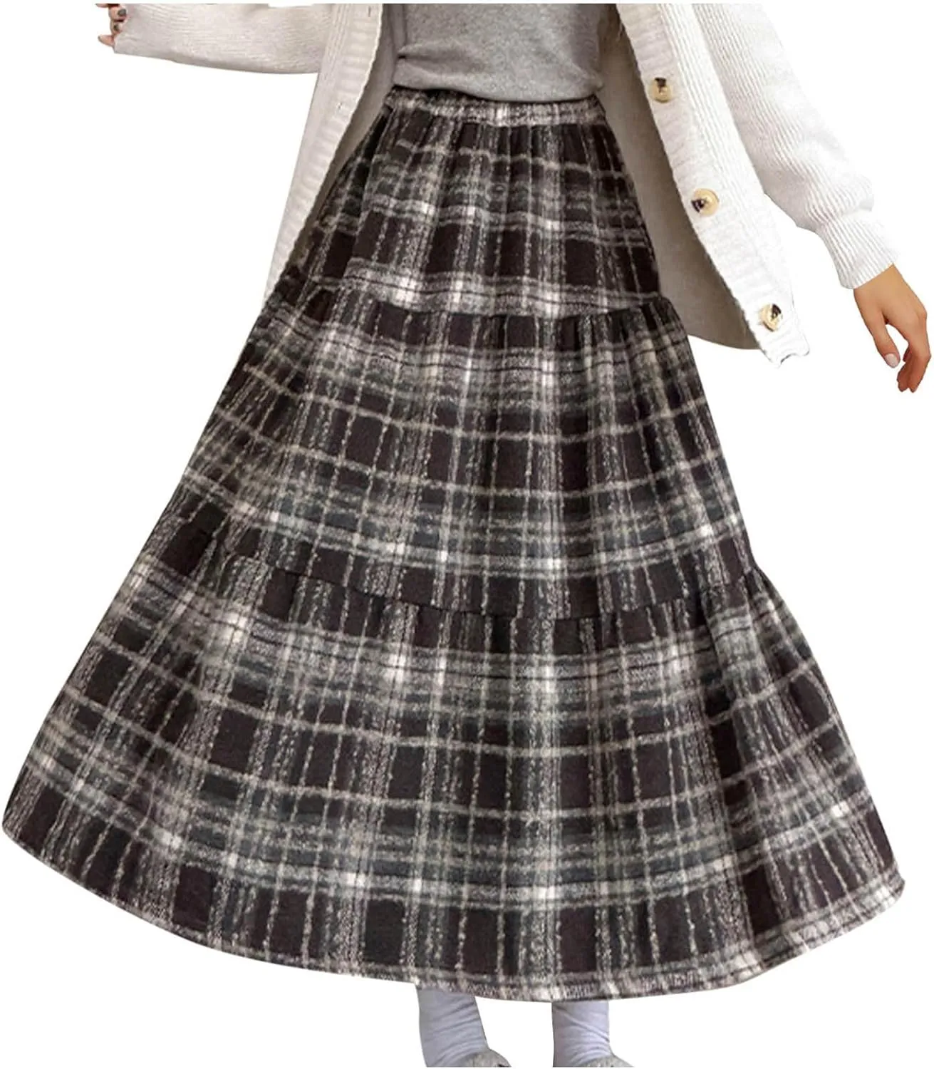 Womens Plaid Skirt Fall Winter Fashion Retro Elastic High Waisted Pleated Skirts Casual Fashion A Line Swing Skirts