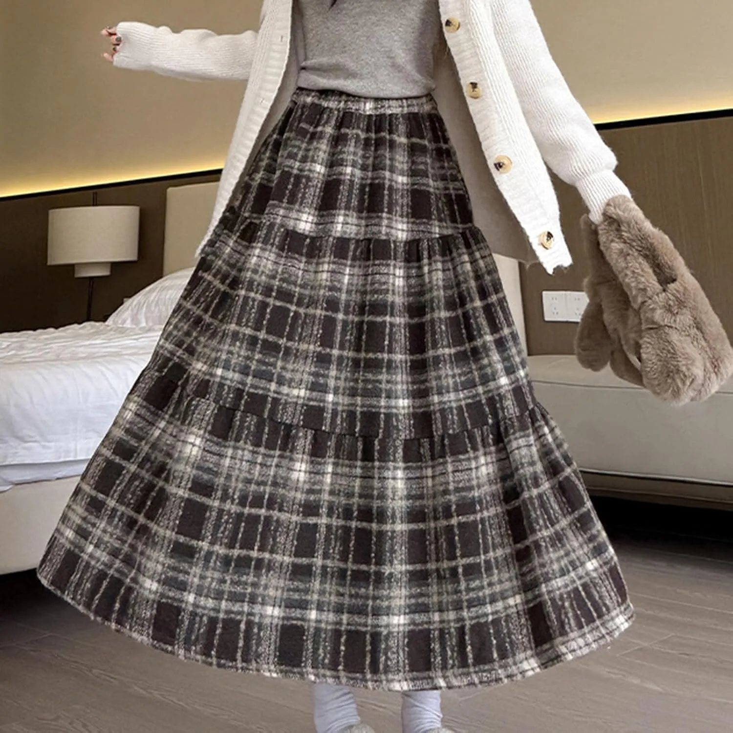 Womens Plaid Skirt Fall Winter Fashion Retro Elastic High Waisted Pleated Skirts Casual Fashion A Line Swing Skirts