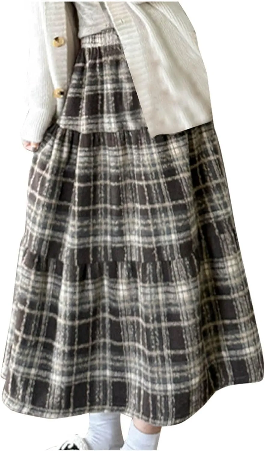 Womens Plaid Skirt Fall Winter Fashion Retro Elastic High Waisted Pleated Skirts Casual Fashion A Line Swing Skirts
