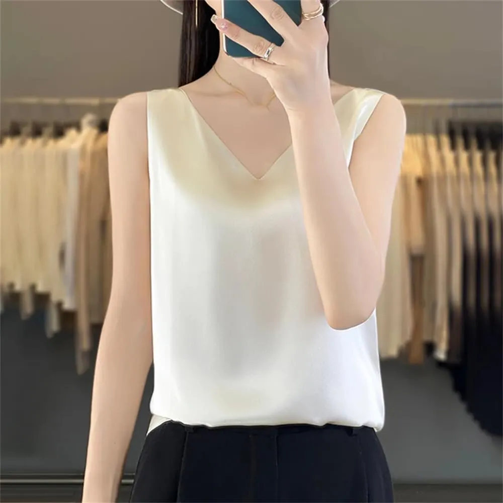 Women's Silk Satin Camisole Tank Top Summer V-Neck Sleeveless Bottom Shirts Crop Vest