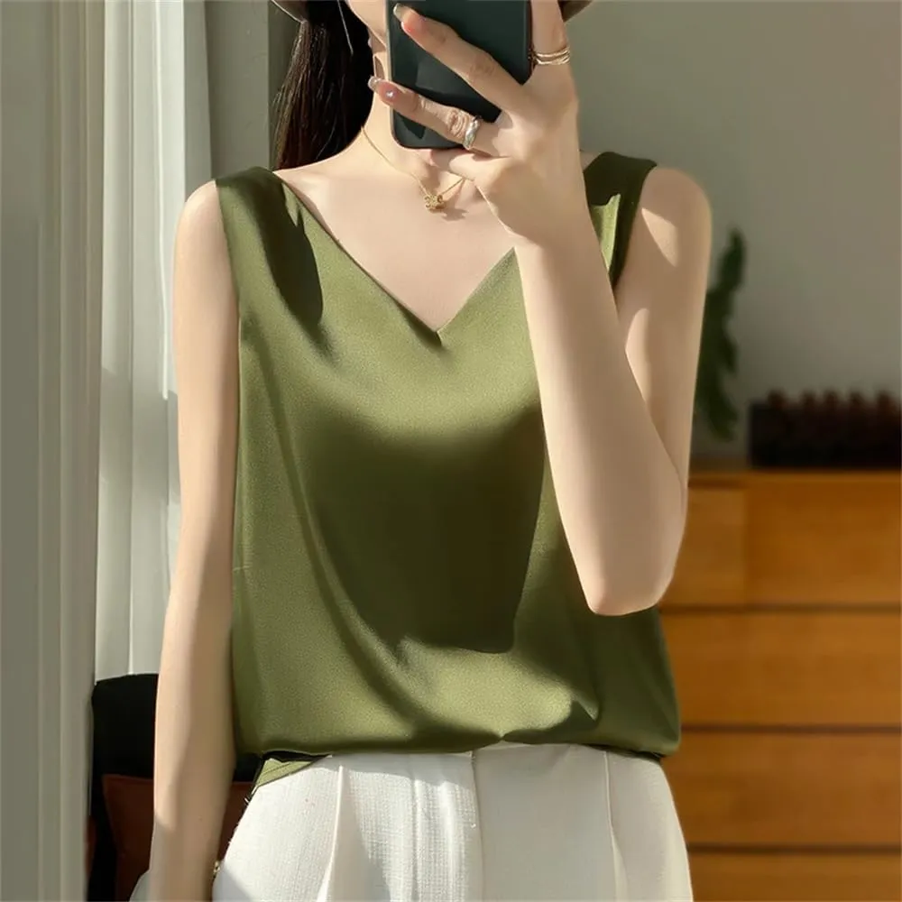 Women's Silk Satin Camisole Tank Top Summer V-Neck Sleeveless Bottom Shirts Crop Vest