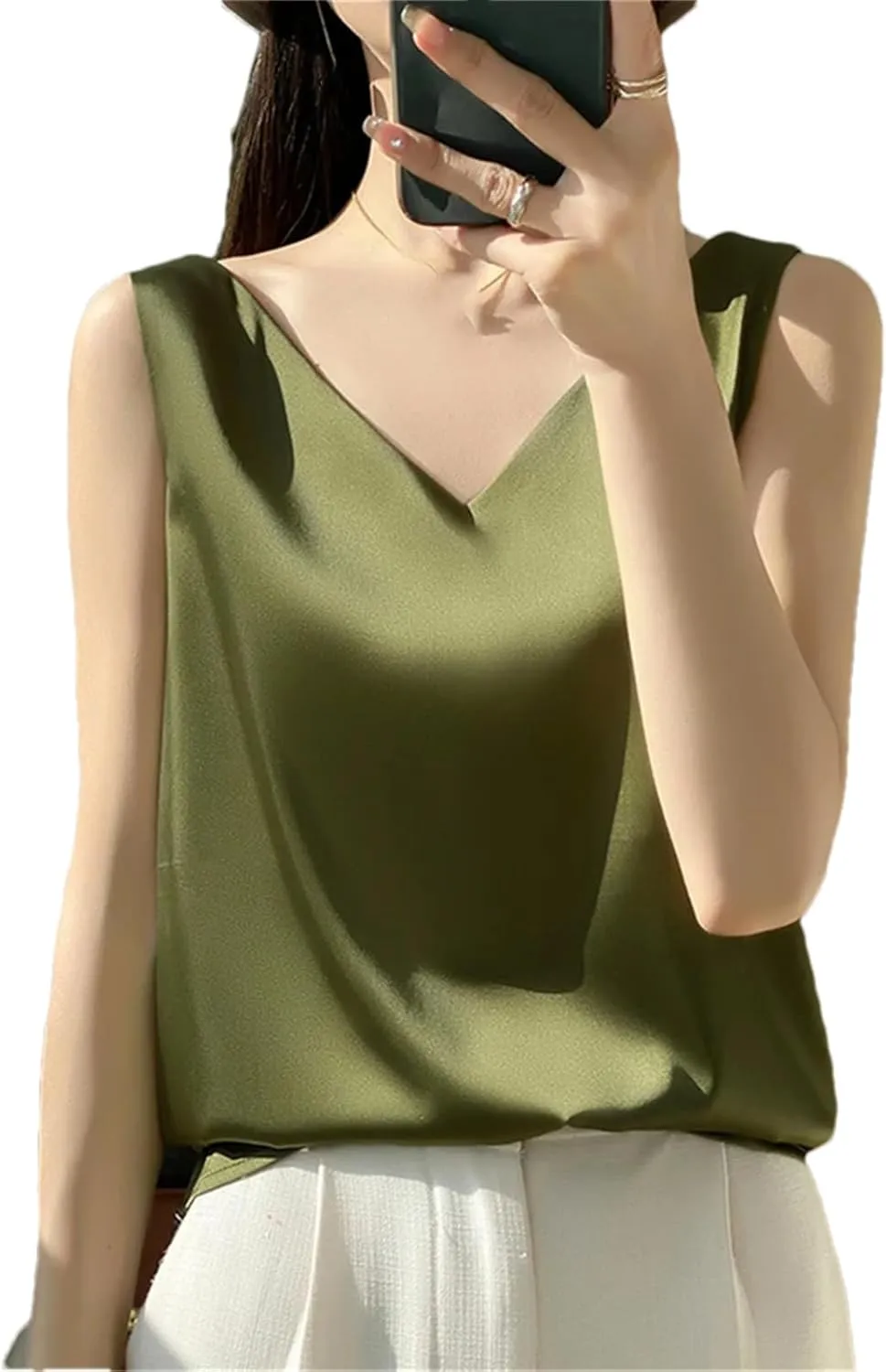 Women's Silk Satin Camisole Tank Top Summer V-Neck Sleeveless Bottom Shirts Crop Vest