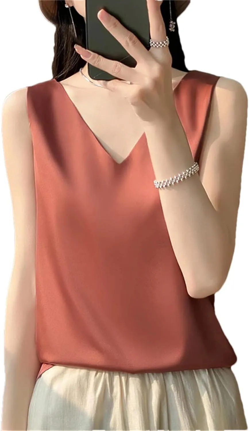 Women's Silk Satin Camisole Tank Top Summer V-Neck Sleeveless Bottom Shirts Crop Vest