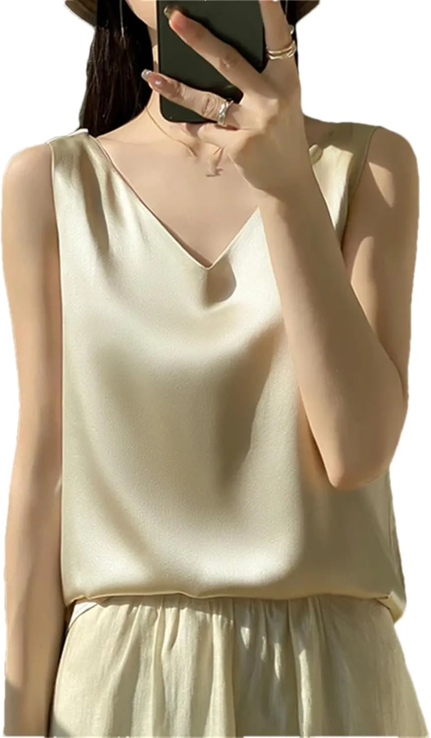 Women's Silk Satin Camisole Tank Top Summer V-Neck Sleeveless Bottom Shirts Crop Vest