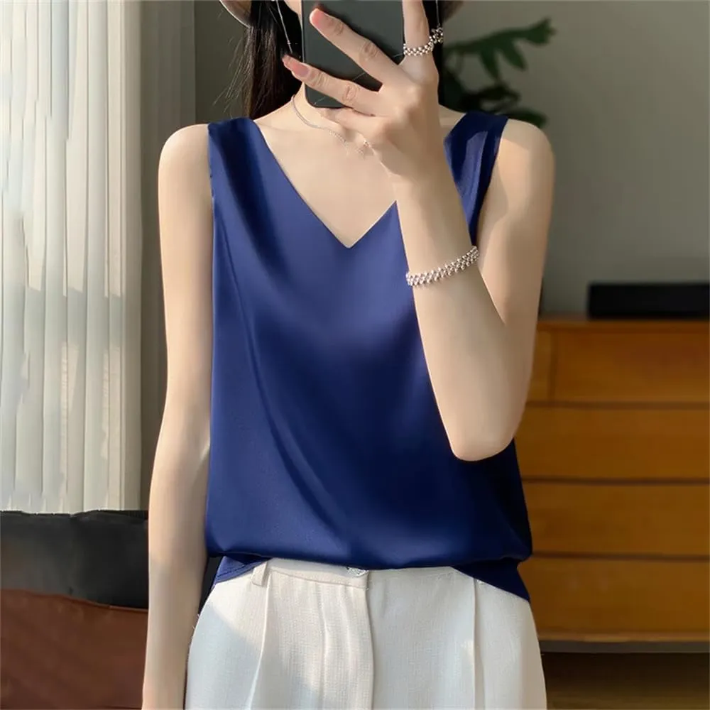 Women's Silk Satin Camisole Tank Top Summer V-Neck Sleeveless Bottom Shirts Crop Vest